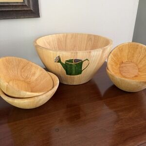 VTG Clay Art "Garden" Wood Salad Bowl & 4 Salad Serving Bowls Hand Painted